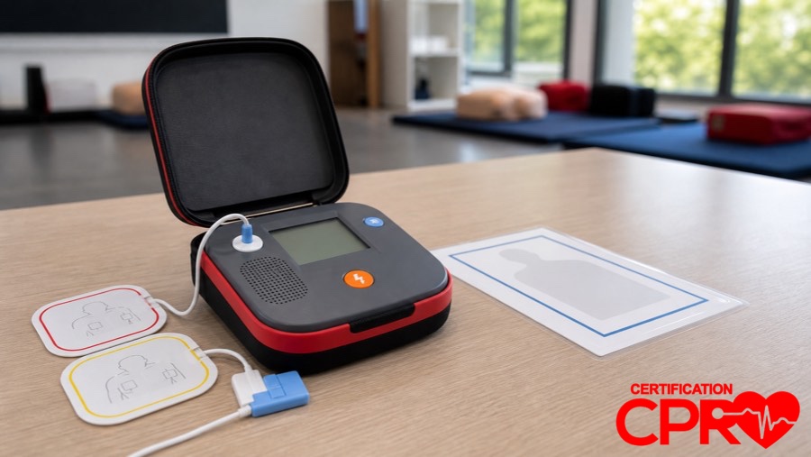 AED trainer and electrode pads for practicing voice prompts in a CPR classroom in Fort Worth.