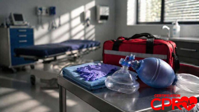 CPR training equipment in a medical classroom setting in Fort Worth.