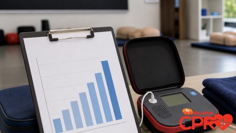 CPR statistics chart with AED trainer in a CPR classroom in Fort Worth.
