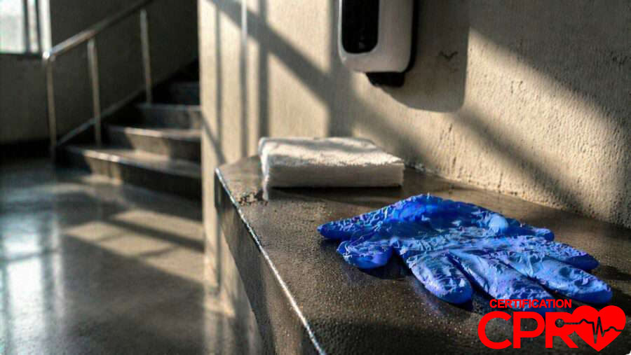 CPR training gloves and mask on a training station in Fort Worth.