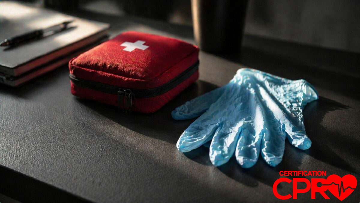 First aid kit and gloves for CPR certification and training in Fort Worth.