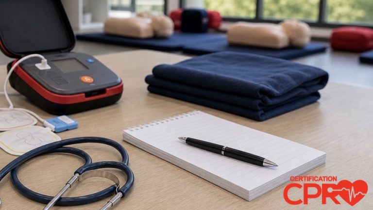 AED trainer, stethoscope, and CPR classroom supplies for an article on heart attack versus cardiac arrest in Fort Worth.