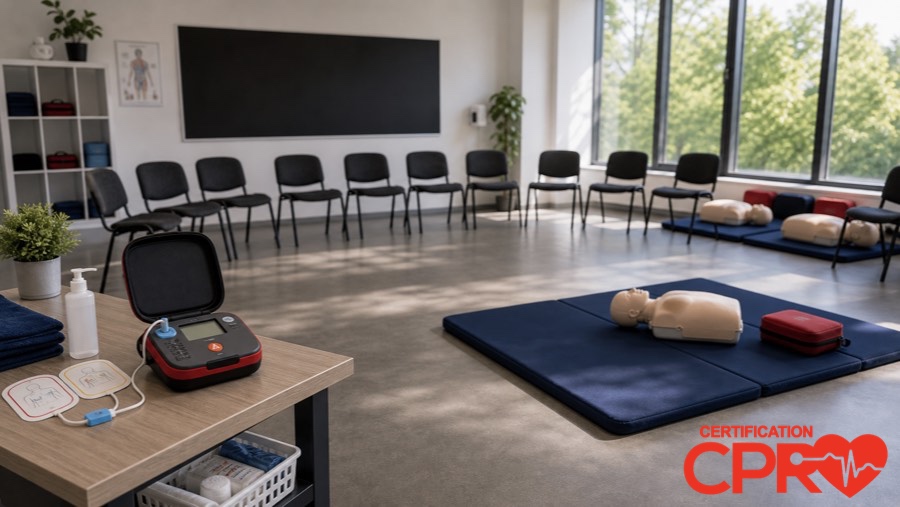 CPR classroom setup for practicing emergency response skills in Fort Worth.