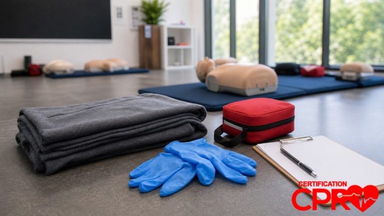 First aid training supplies for practicing seizure response in a CPR classroom in Fort Worth.