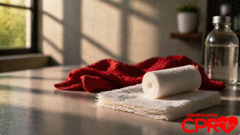 CPR certification training supplies in Fort Worth, including a roll of gauze and first aid essentials.